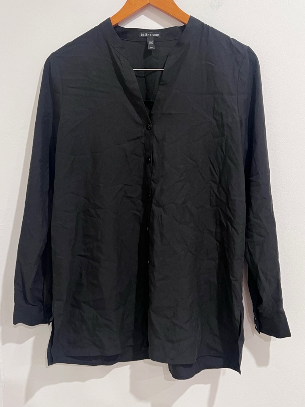 EUC EILEEN FISHER Black Sandwashed Stand Up Mandarin Split Neck Shirt Blouse